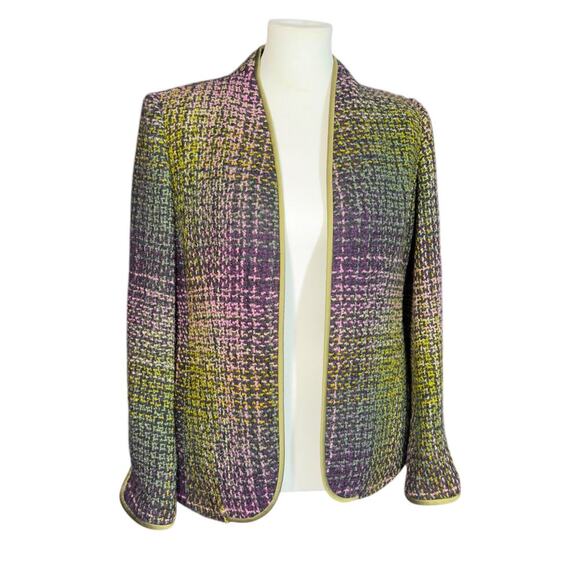 Linda Allard Ellen Tracy Wool Tweed Ombre Open Front Green Purple Blazer Size 6 - Picture 1 of 12
